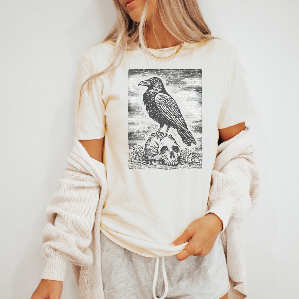 Skull and Raven Graphic Tee Dark Macabre Art Design